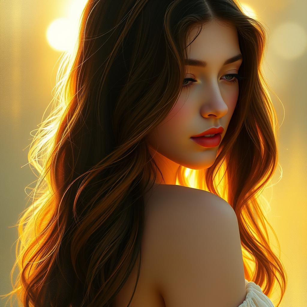 Woman with Long Brown Hair in Pre-Raphaelite Style