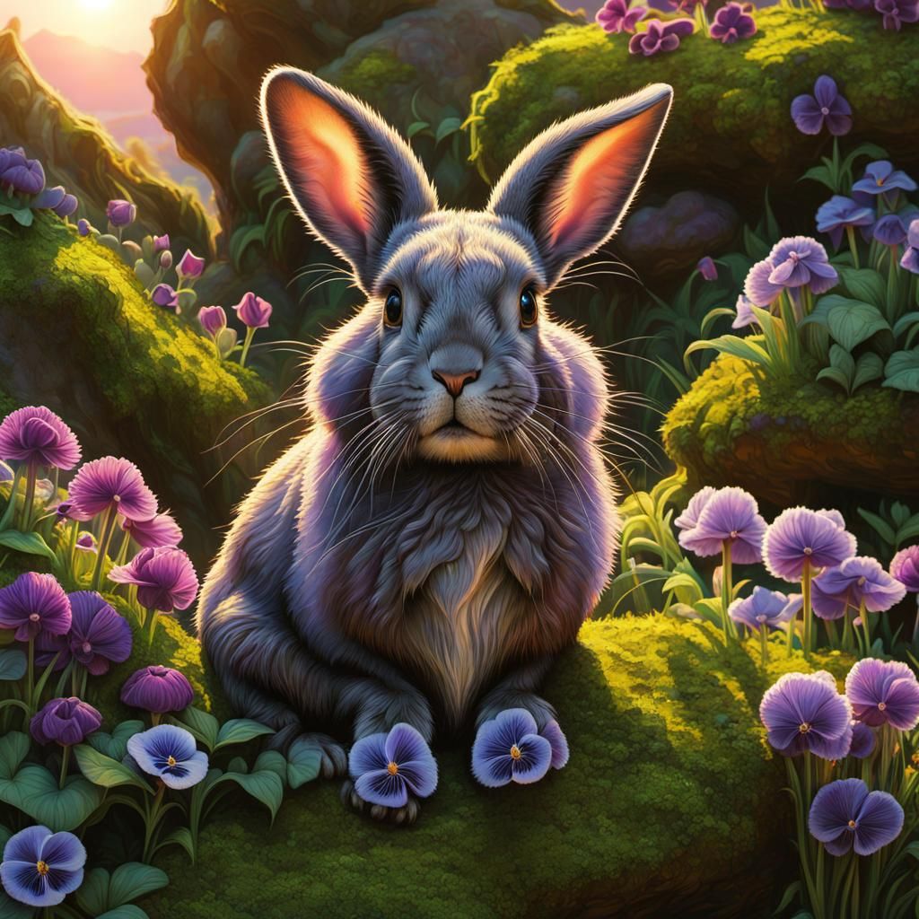 a lop eared bunny sitting on a mossy stone wall in a wild garden full of pansies and alliums at sunset : voluminous dram...