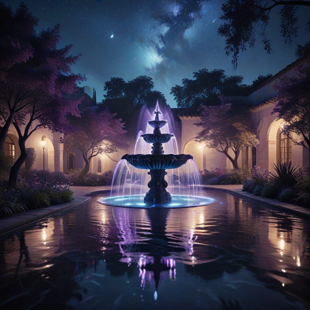 Glowing Moonlit Fountain in Dreamy Surrealism Style