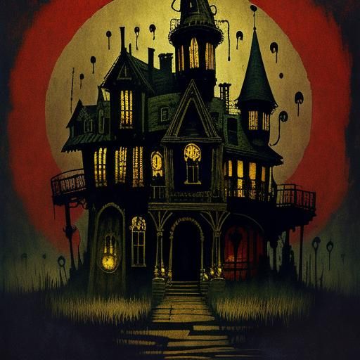 Haunted House with Monsters in Surreal Horror Style