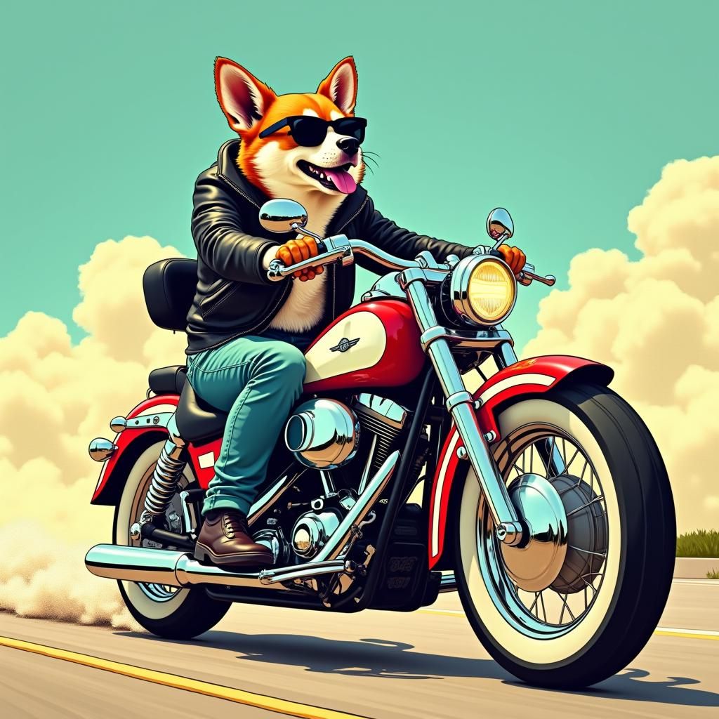 Cool Dog Rides Motorcycle in Futuristic Pop Art Style