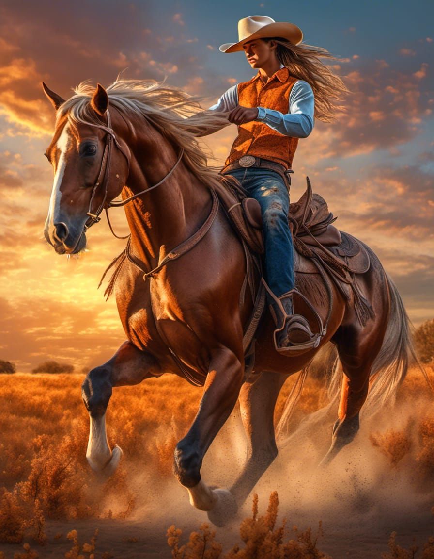 Cowboy Rides Pinto Horse at Sunset: Digital Art