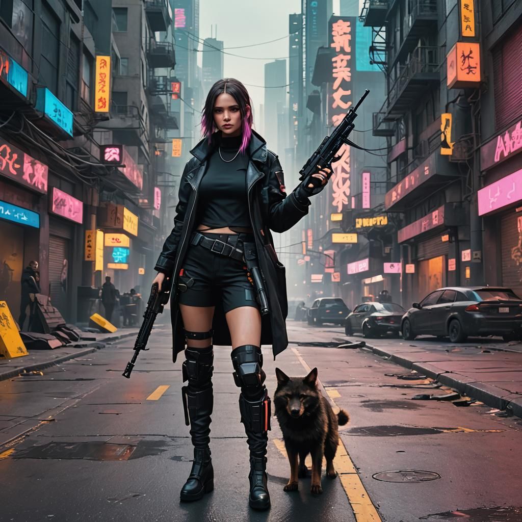 Cyberpunk Girl with AK47 in Neon City