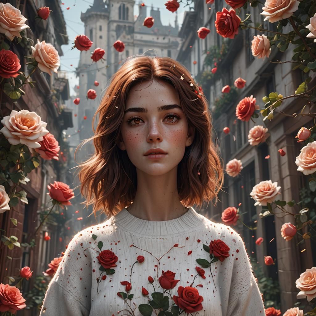 Girl with Freckles and Roses: Detailed Matte Painting