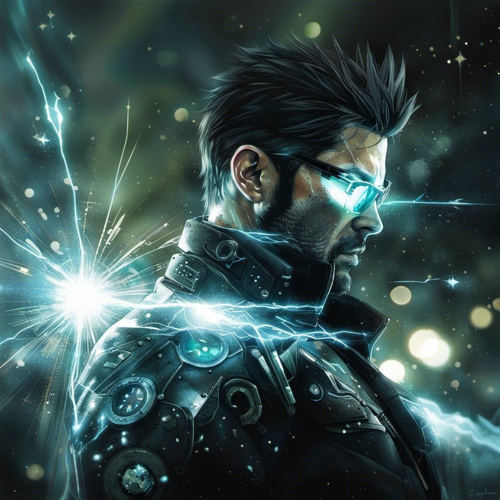 Adam Jensen Charcoal Painting with Galaxy Bokeh