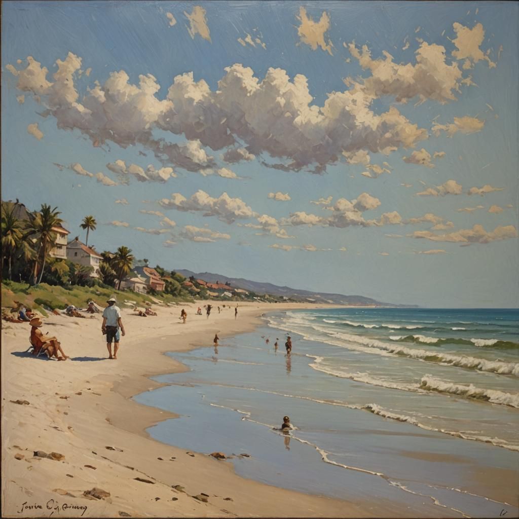 Idyllic Beach Scene in Oil Painting Style