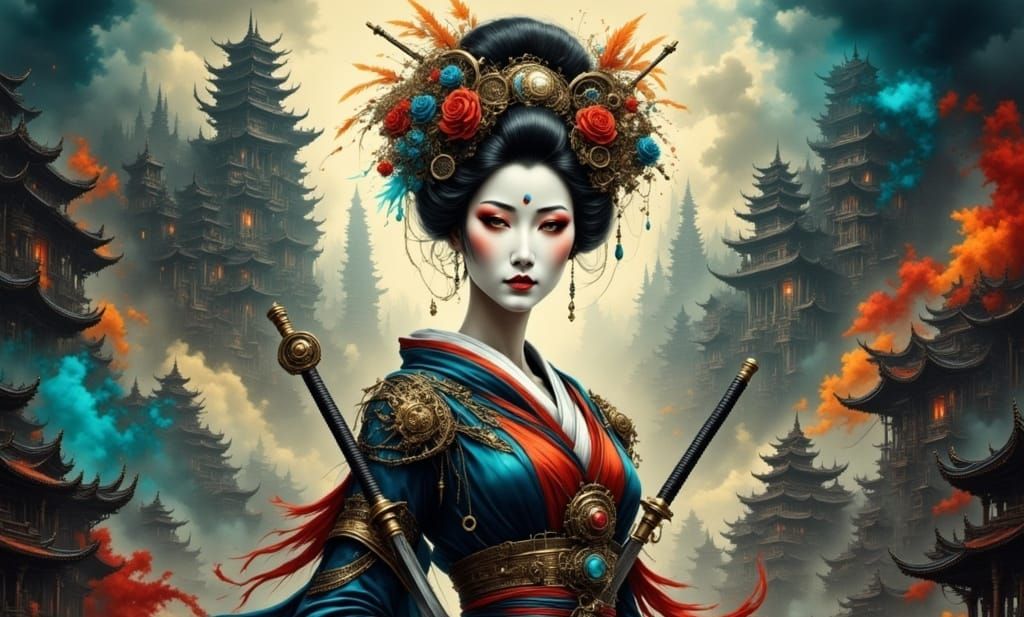 Steampunk Geisha in Post-Apocalyptic Cityscape