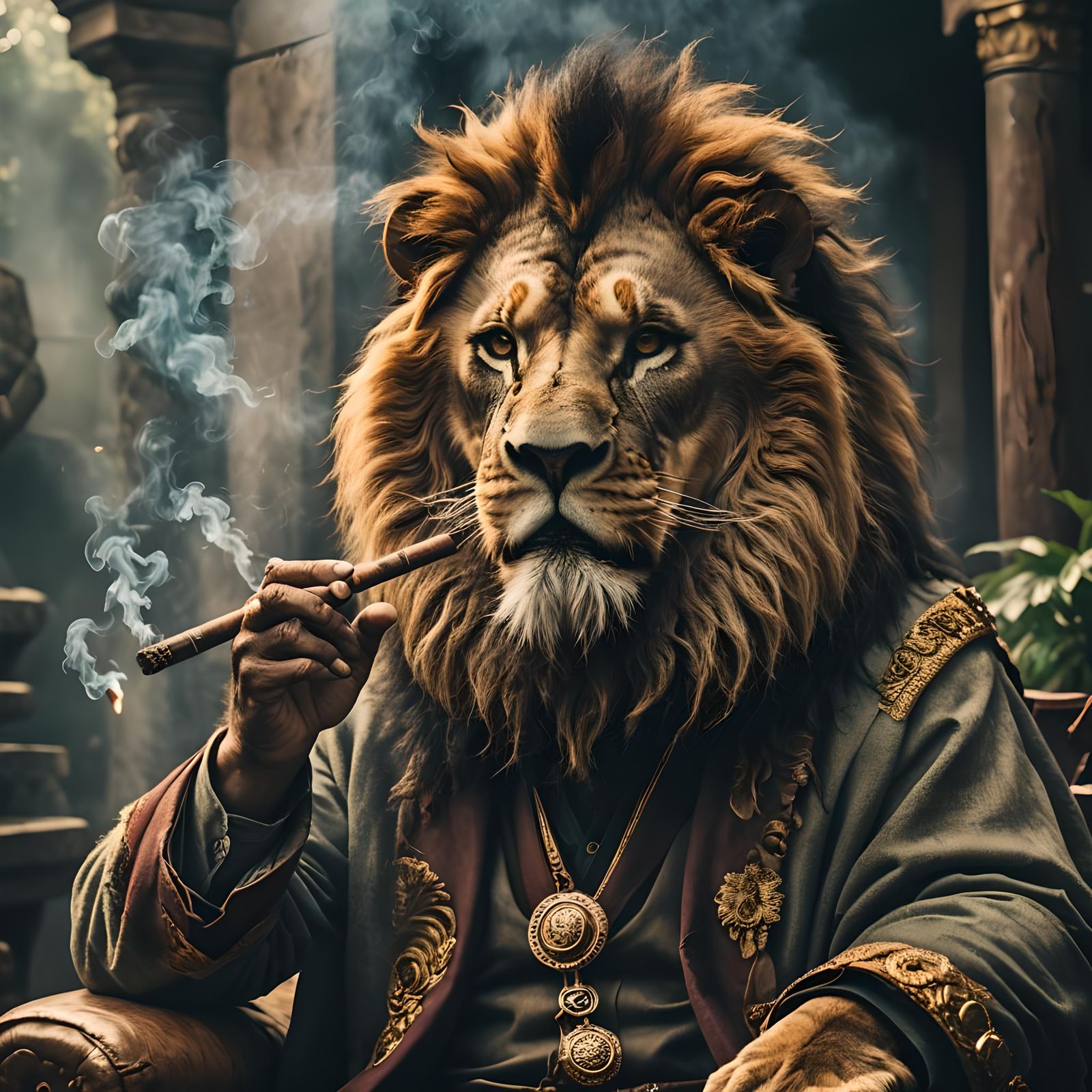 Cinematic Lion God Smoking Cigars