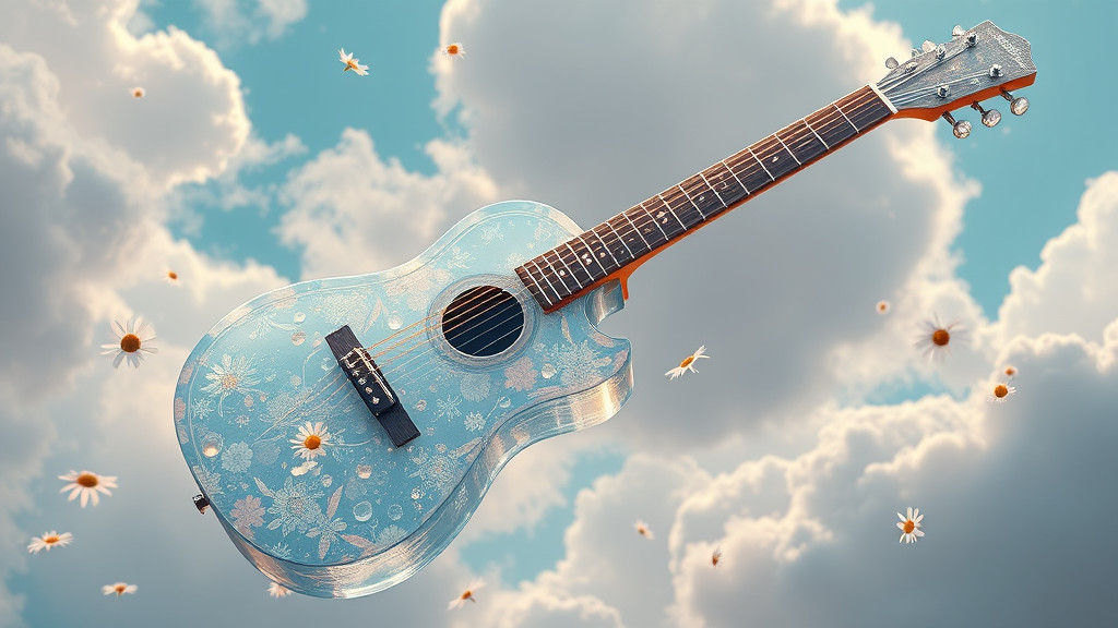 Crystal Guitar Floats in Dreamlike Sky, Fantasy Art