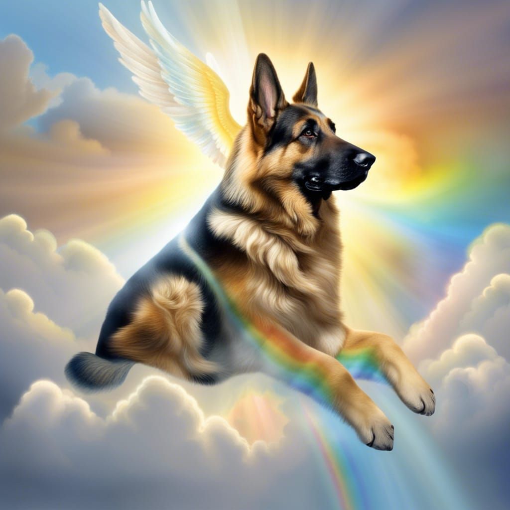 German Shepherd Dog Angel on Rainbow