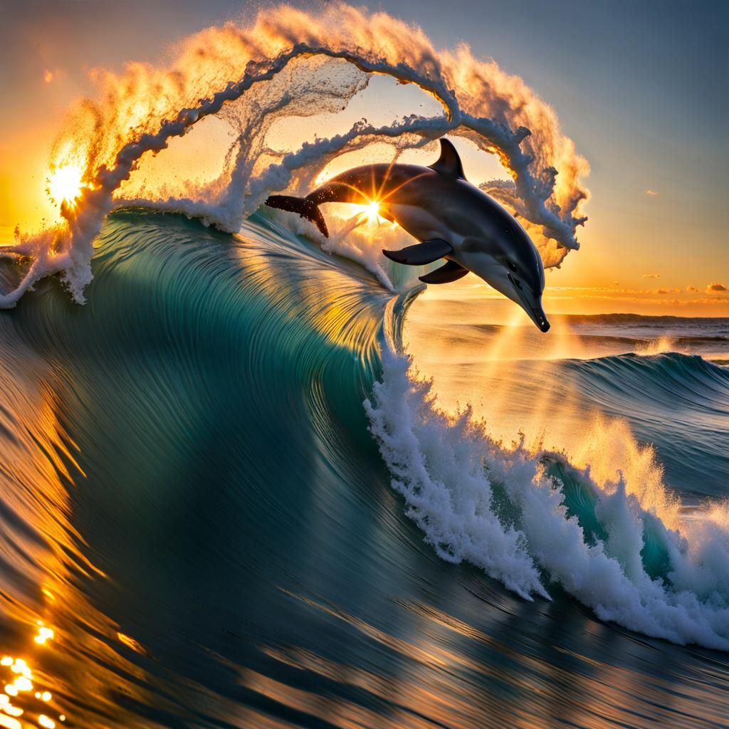 Dolphin Leaps from Tunnel Wave at Sunset