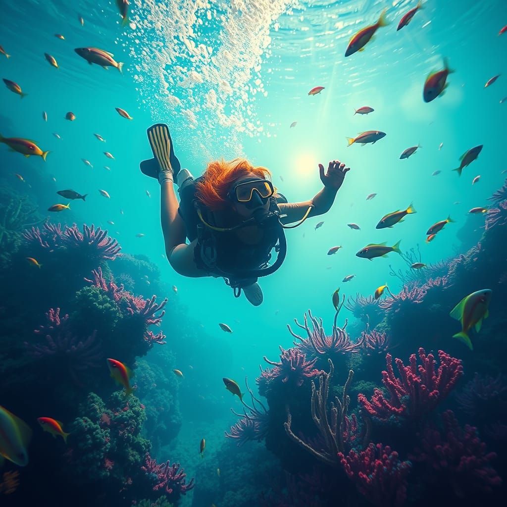 Scuba Diver Exploring Coral Reef, Dreamy Art Style