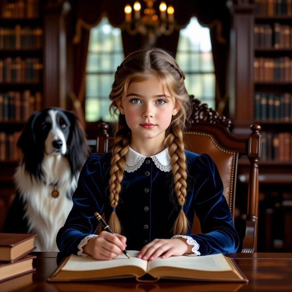 Girl Writing in Library with Dog, Oil Painting Texture