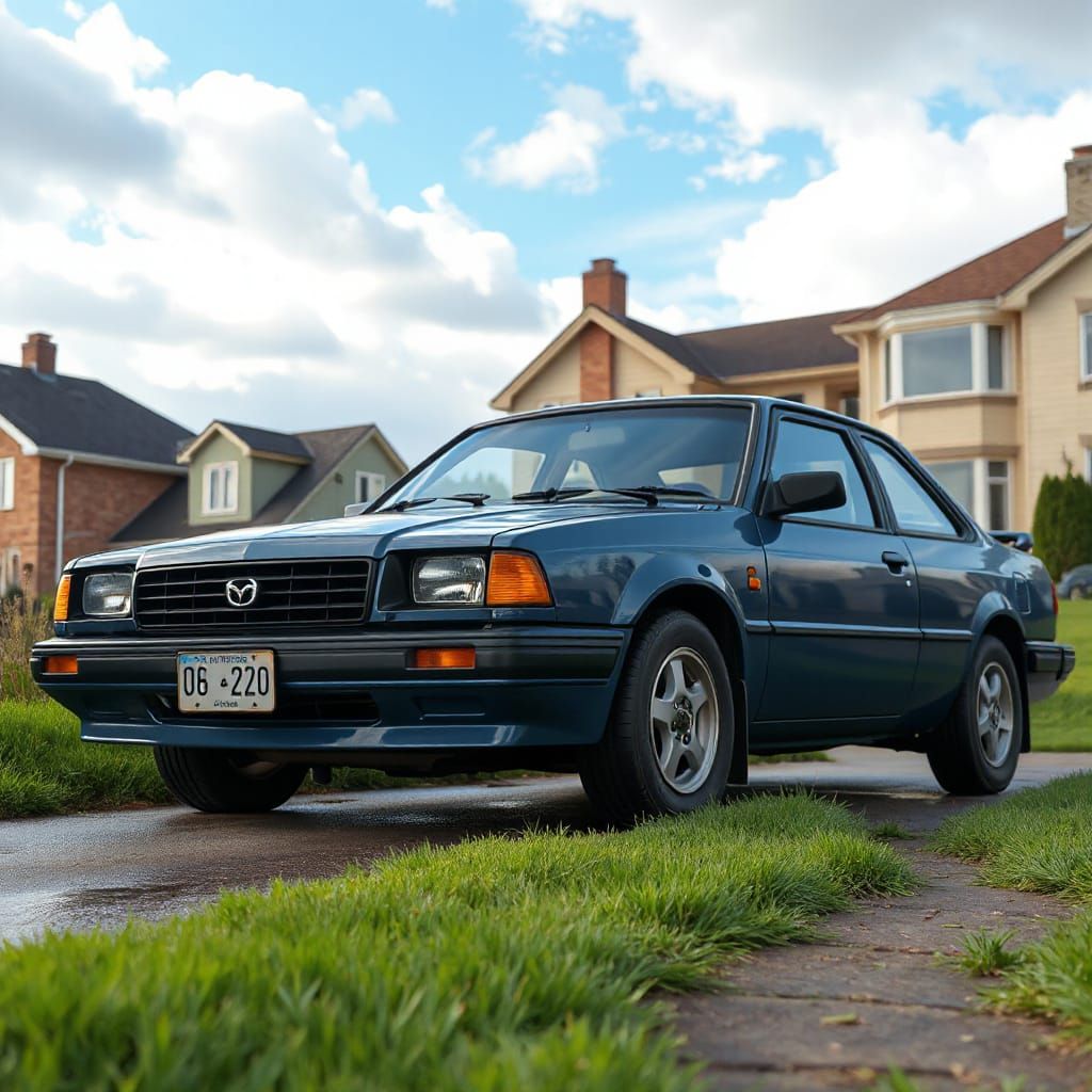 Cartoon Mazda 323 Illustration in Panoramic View