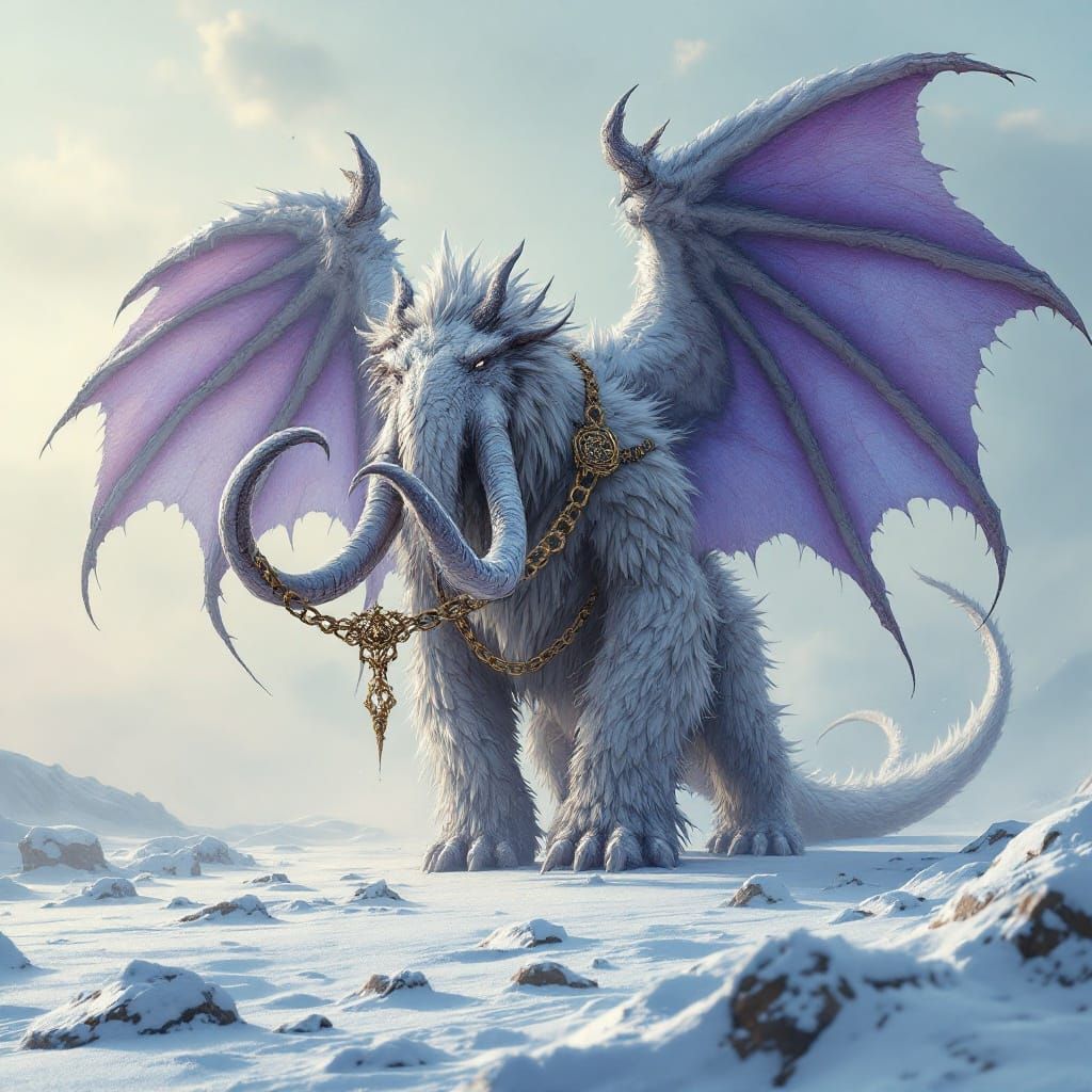 Majestic Woolly Mammoth Dragon Hybrid in Frozen Tundra