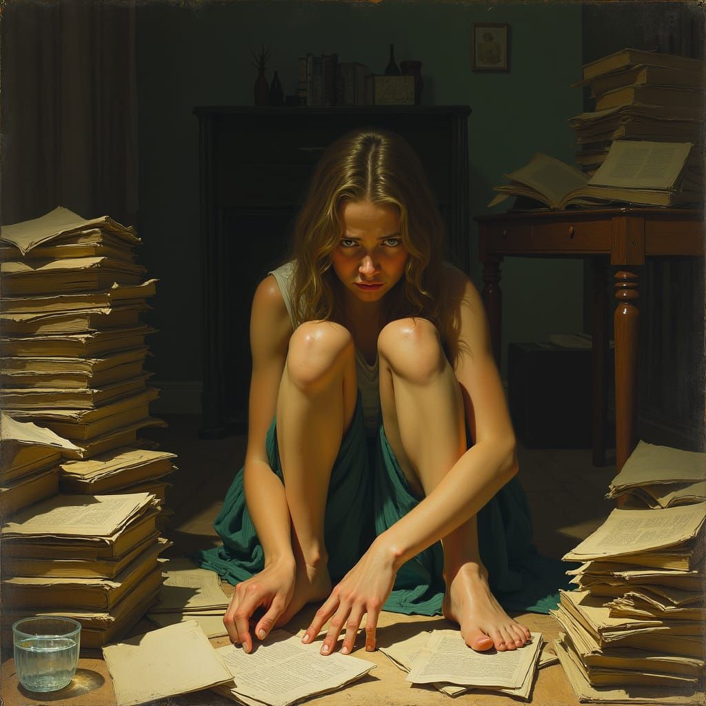 Stressed Girl in Cluttered Room in Impressionist Style