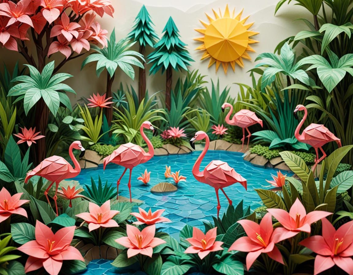 Origami Tropical Garden with Flamingos and Dollar Bills