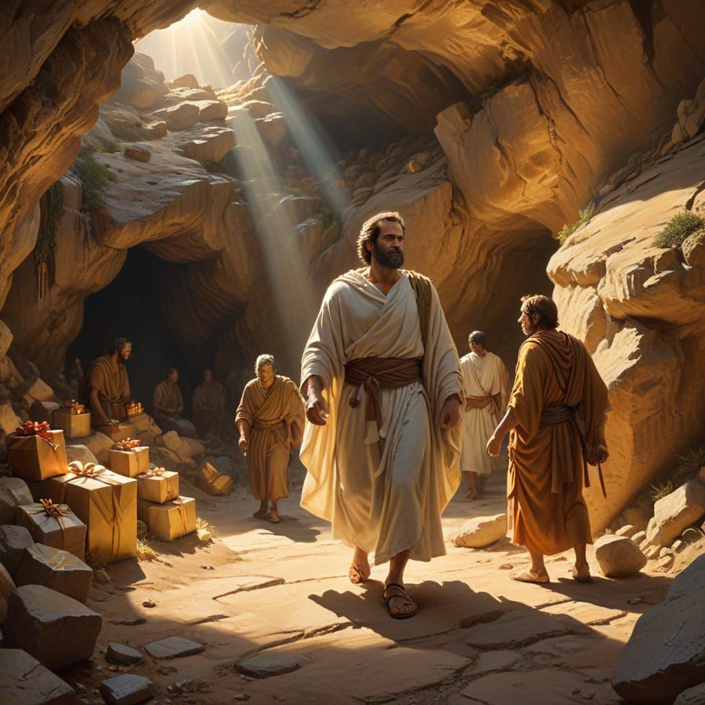 Greek Explorers Enter Cave with Gifts as Oil Painting