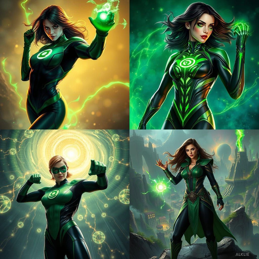 Realistic Female Green Lantern in Motion, Fantastical Concep...