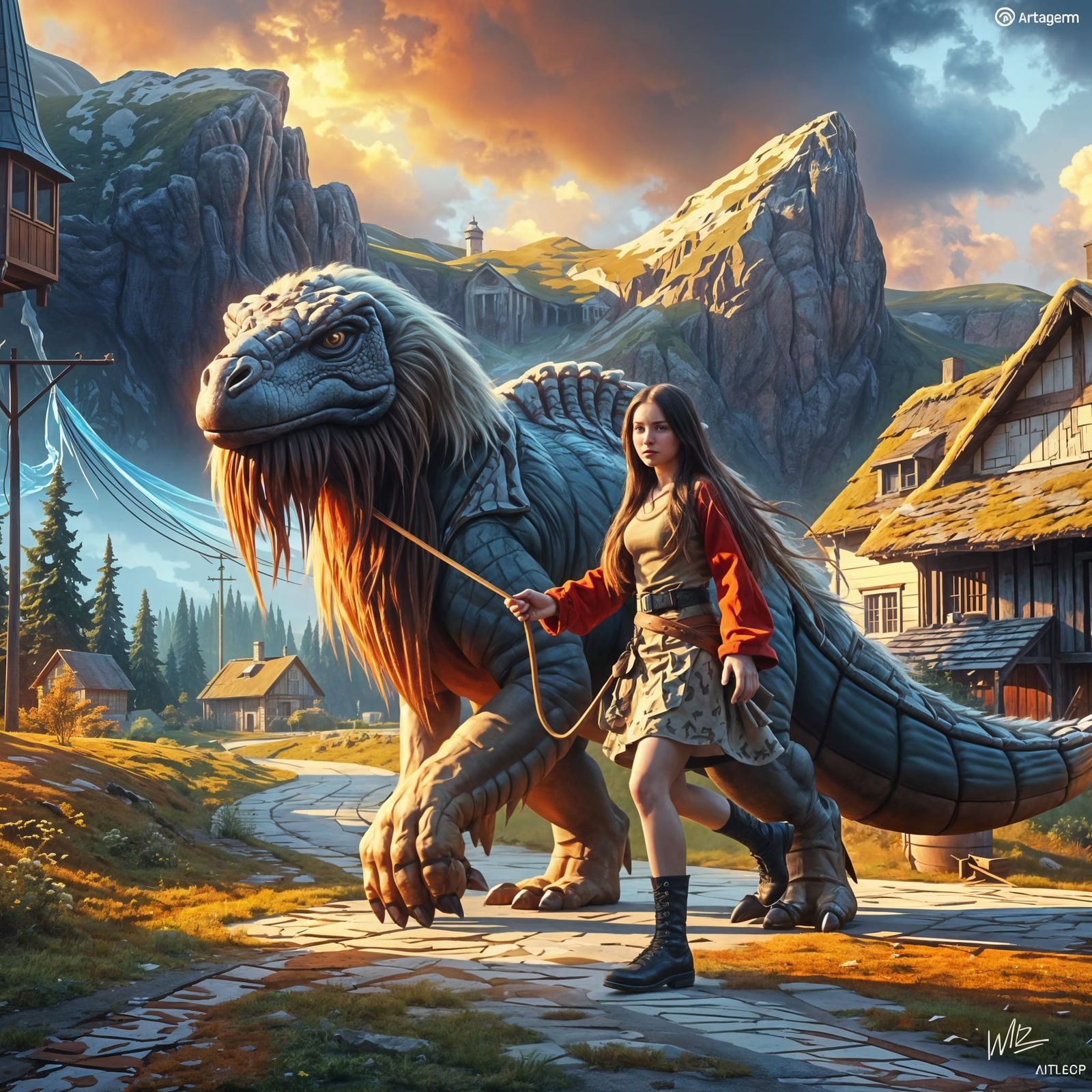 Determined Girl Walks Raptor Through Village in Triadic Colo...