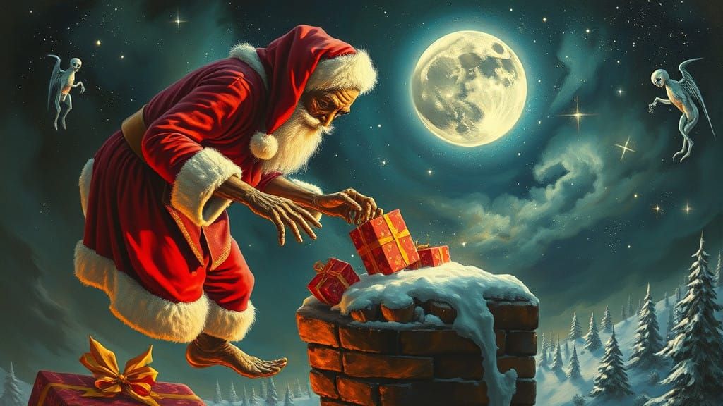Surreal Santa Claus Chooses Chimneys with Precision
