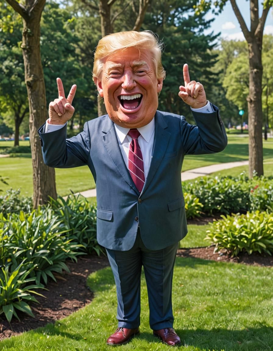 Satirical Cartoon of Donald Trump Smiling in a Lush Park