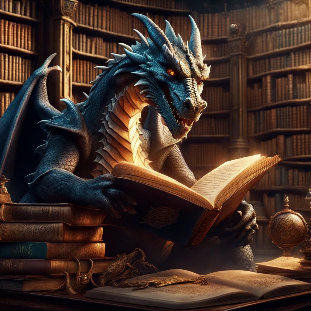Elderly Dragon Reads Mystical Book in Library