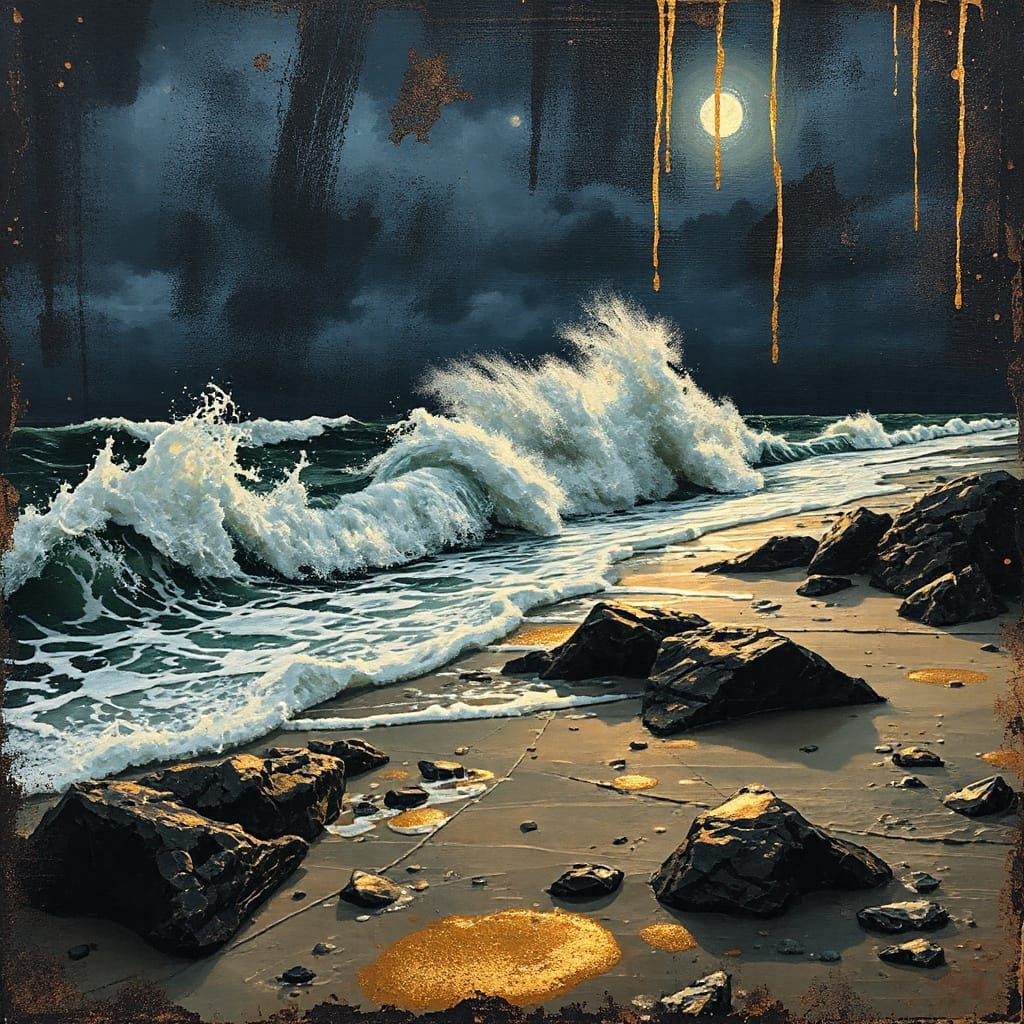 Stormy Night Beach with Lighthouse Beam in Mixed-Media Style
