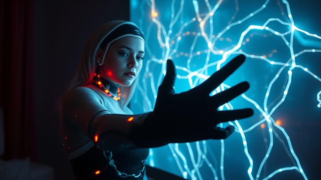 Synthetic Goddess Emerges from Luminous Screen