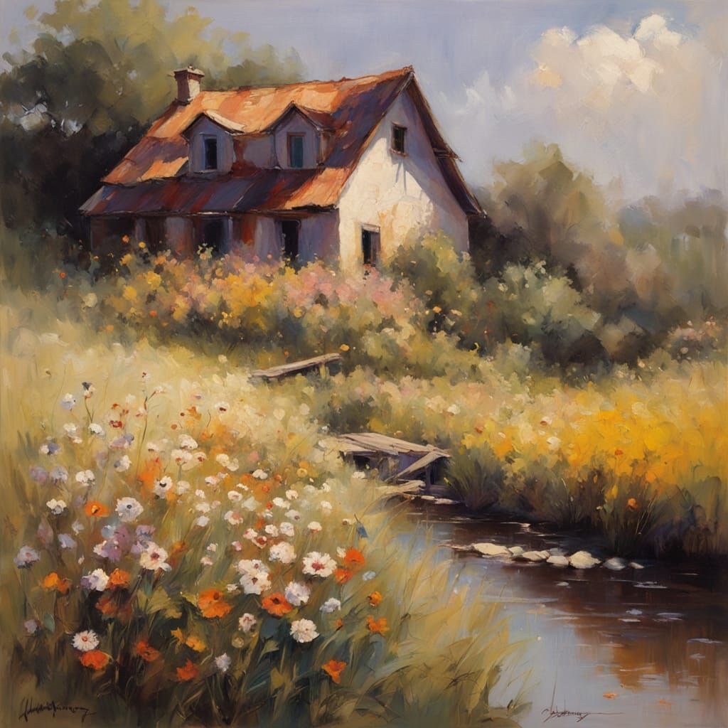 Hyperrealistic Cottage in Wildflower Field