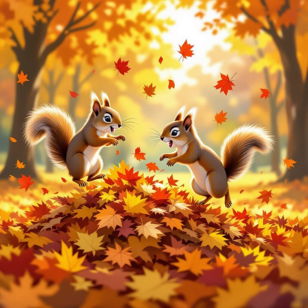 Energetic Squirrels Chase Through Autumn Leaves