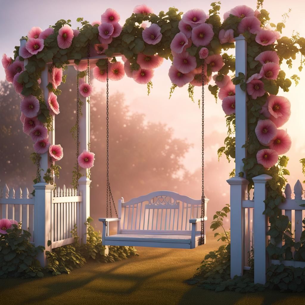 Pink Hollyhocks in Golden Hour, Hyperrealistic Garden