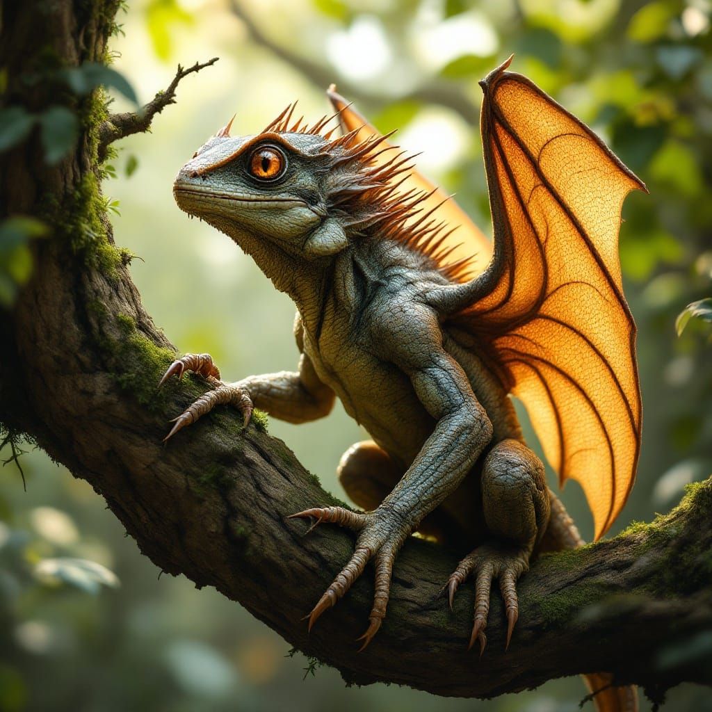 Fantastical Iguana-Bat Hybrid in Vivid Wilderness Scene