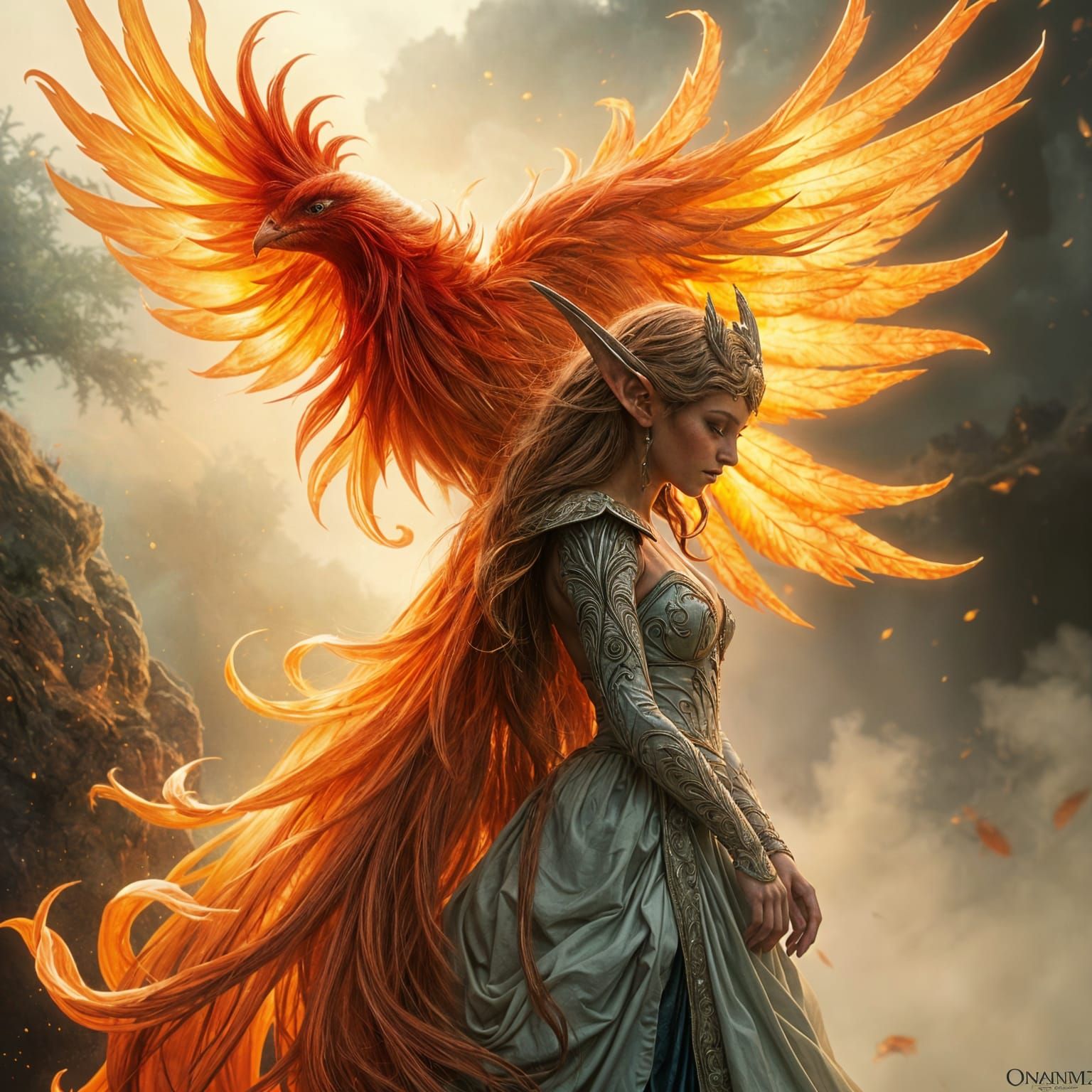 Ethereal Fantasy Portrait of a Phoenix and Elf Queen in Mist...