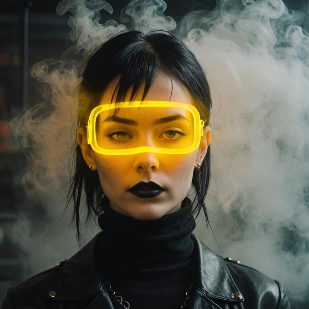Neon Goth Fashion Model in Smoky Coffee Shop