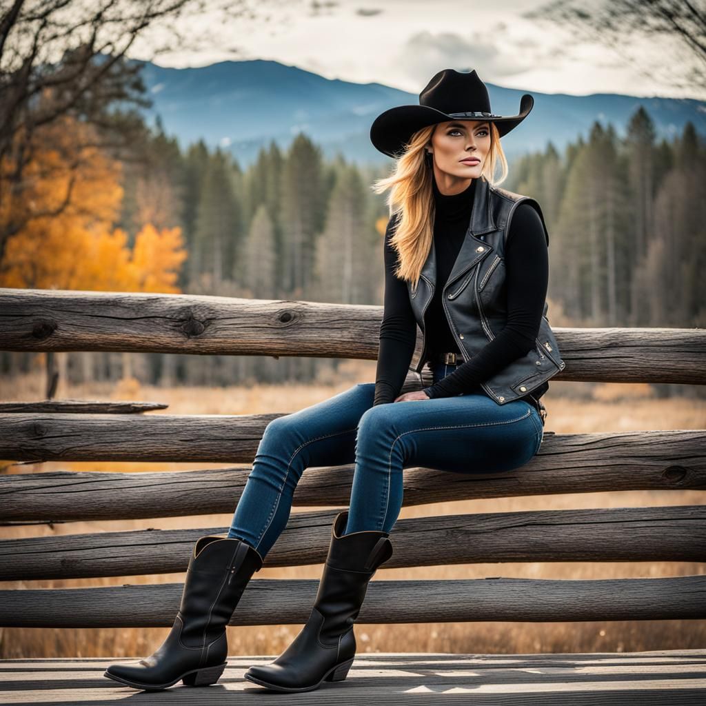 Woman in Cowboy Hat on Fence: Abstract Art