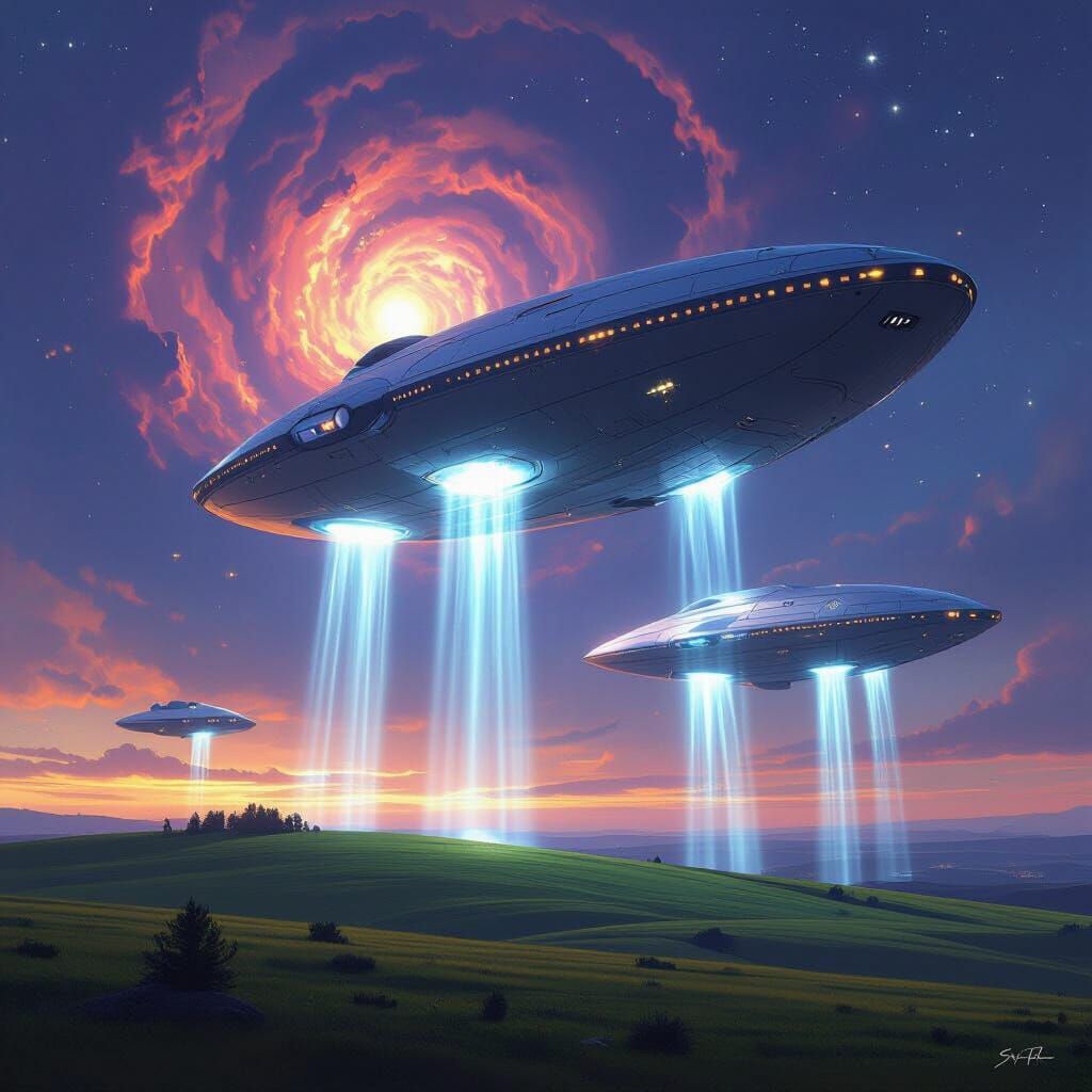 Sleek Silver Spaceships Descend from Nebula onto Hill