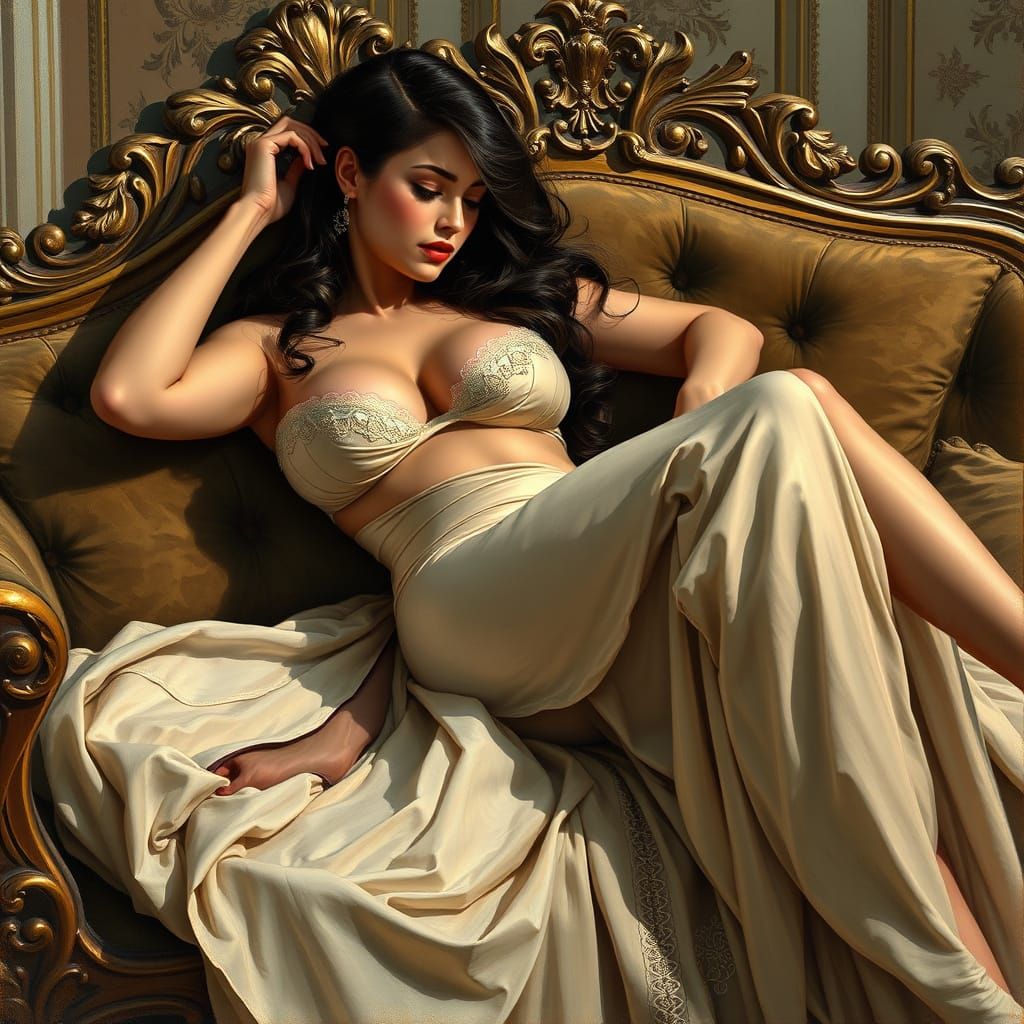 Elegant Curvy Woman in Ornate Chaise Longue