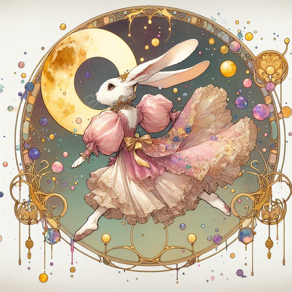 Whimsical Rabbit Hopping Over the Moon in Art Nouveau Style