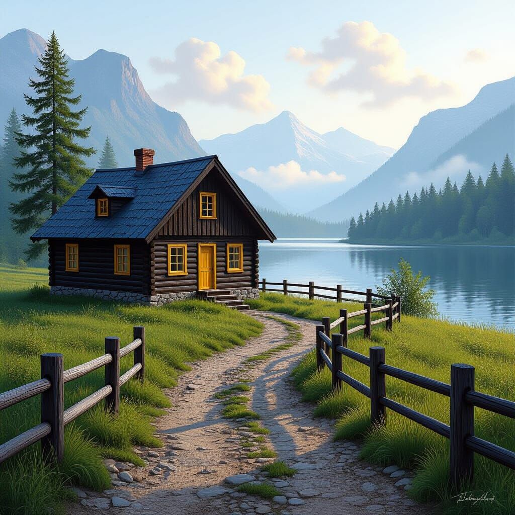 Rustic Log Cabin by Calm Lake at Dawn