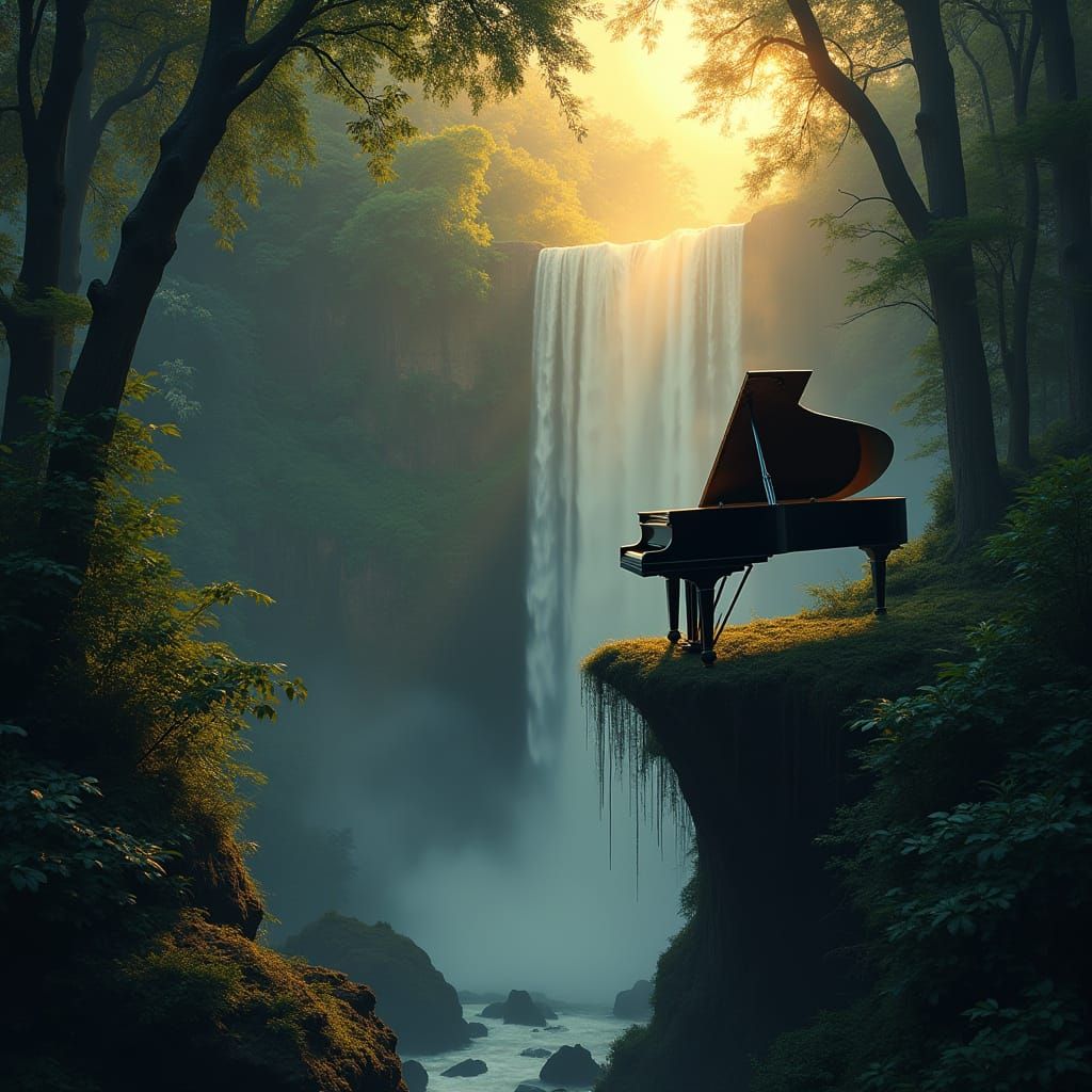 Surreal Piano on Waterfall in Dreamlike Landscape