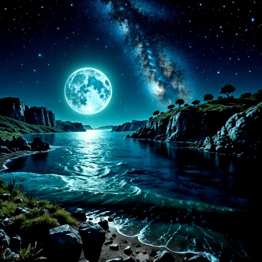 Turquoise Moon Over Teal Archipelago: Starry Night