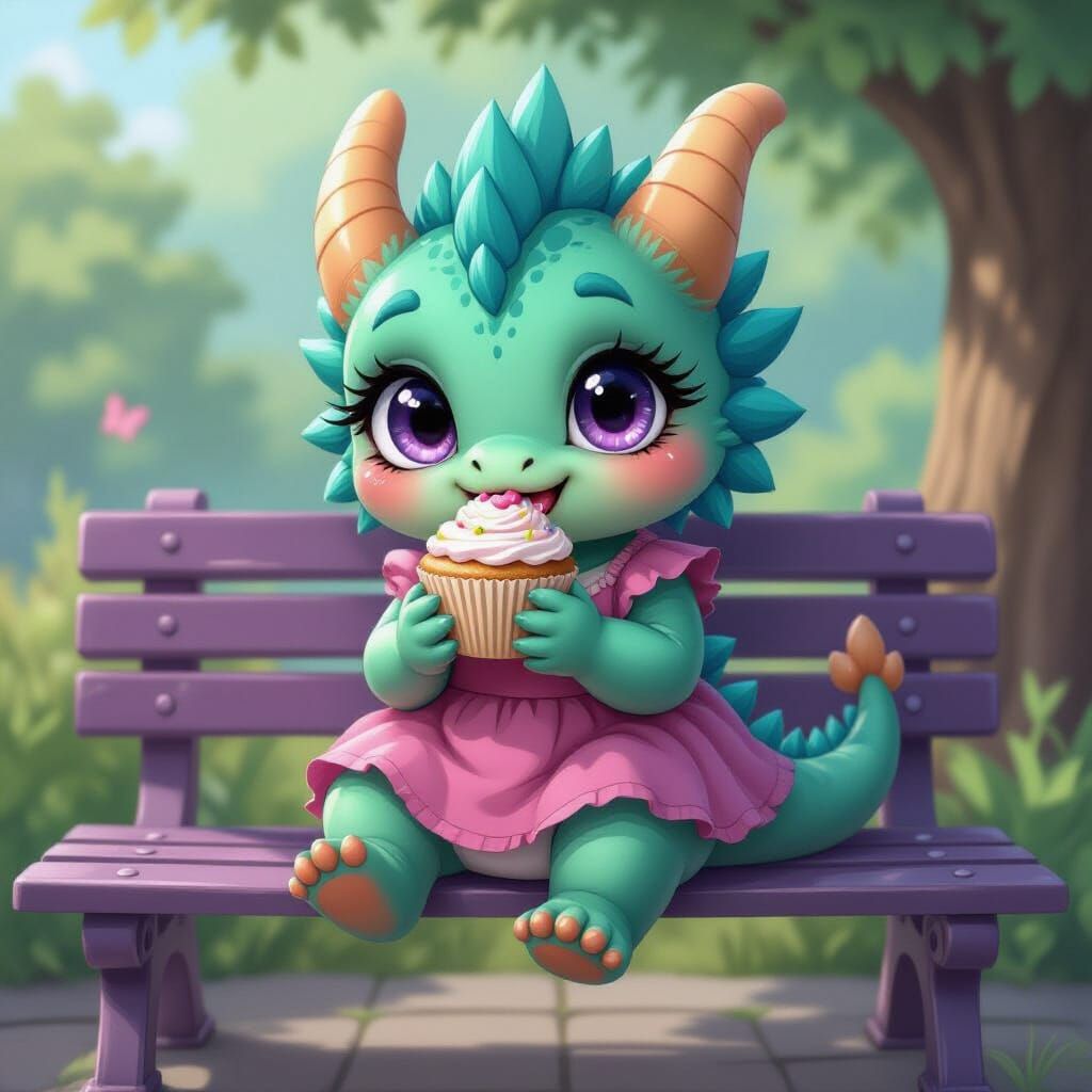 Teal Dragon Cub Enjoying a Cupcake