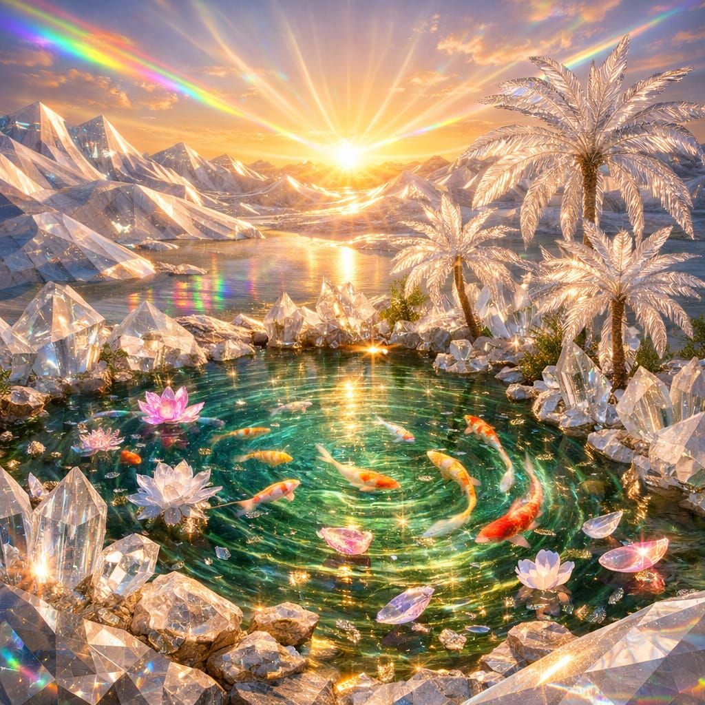 Crystal Desert Oasis at Sunrise with Iridescent Koi