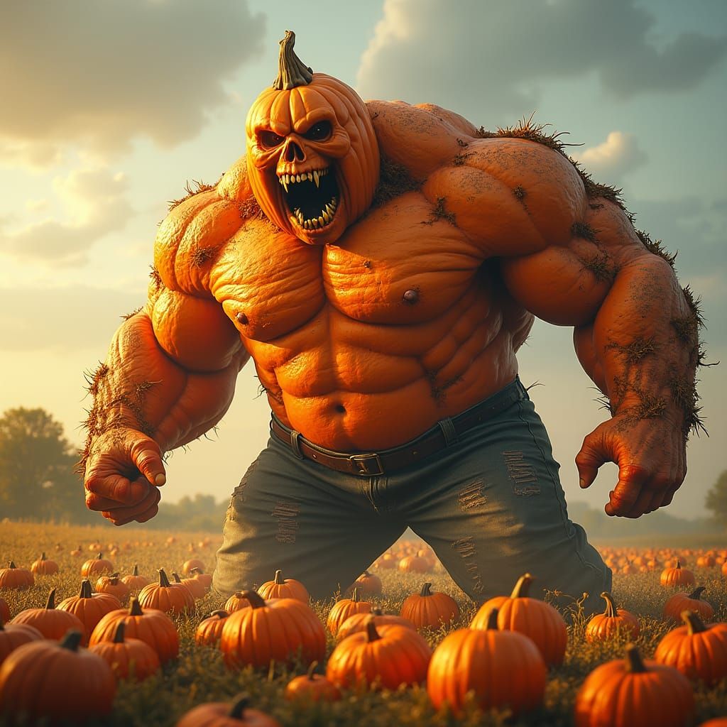 Gargantuan Muscle-Bound Pumpkin in Golden Field