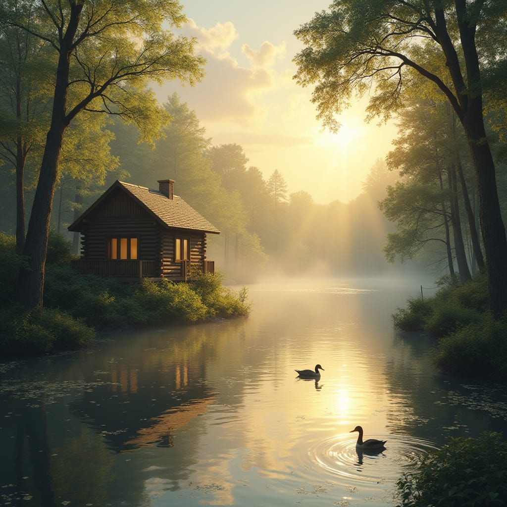 Cozy Cabin on Wooded Lake in Golden Light