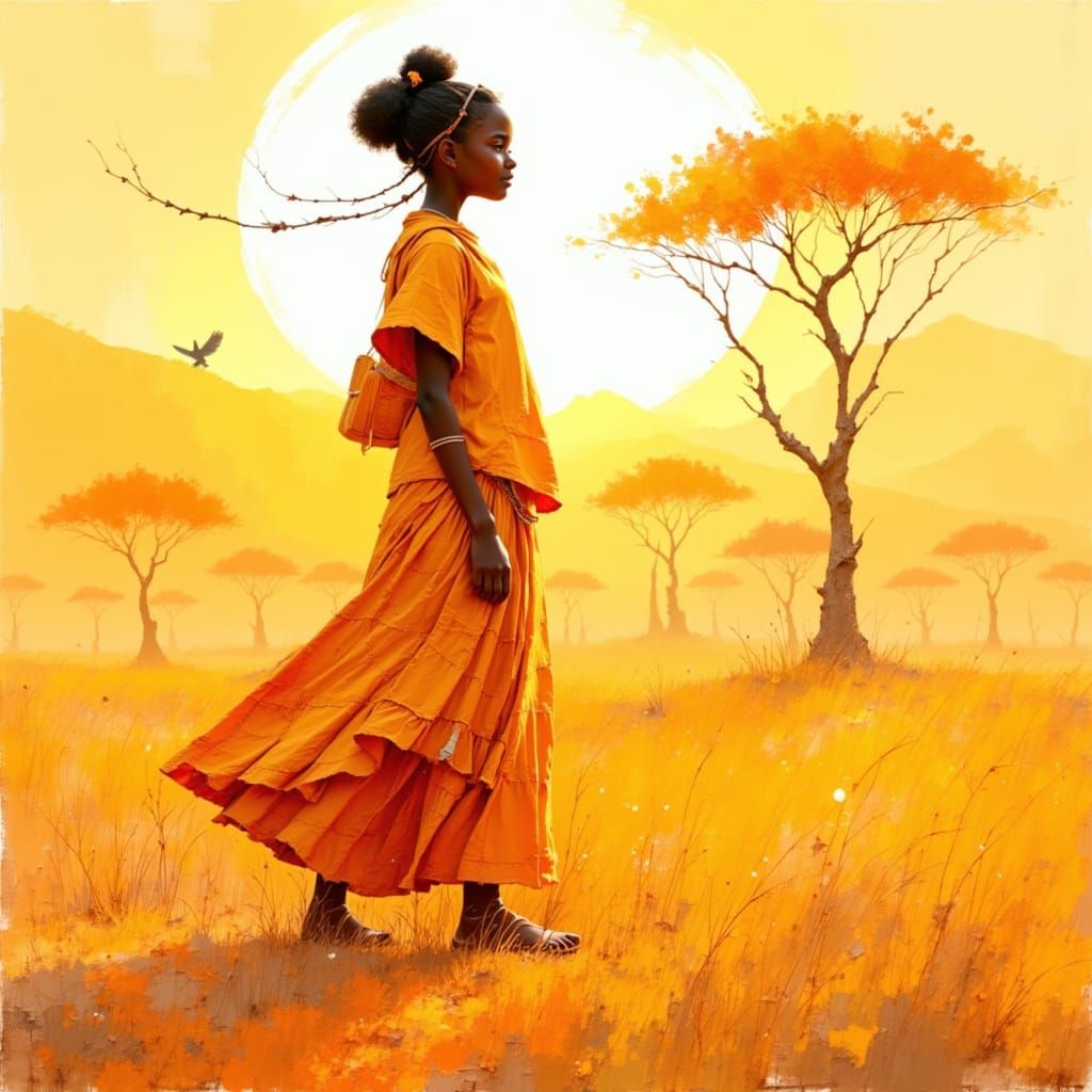 African Girl on Savanna in Watercolor Style