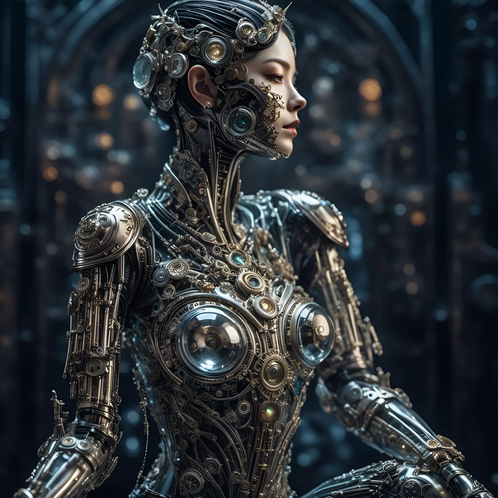 Chrome Cyborg Woman with Wired Body