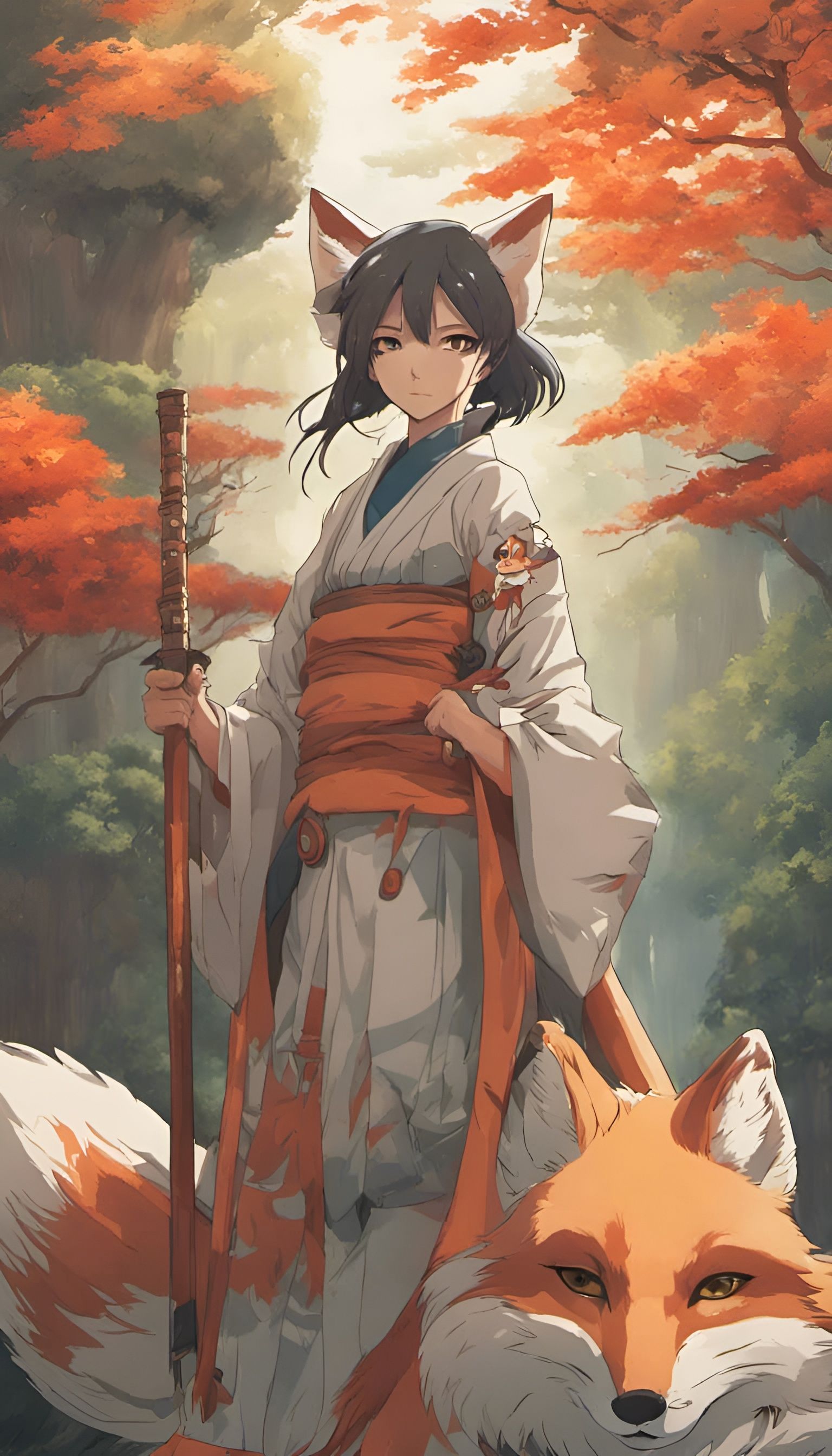Kitsune Warrior and Fox in Anime Style