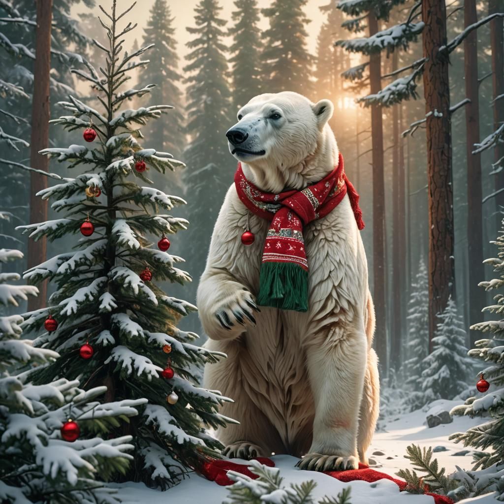 Polar Bear Adorns Pine Tree with Christmas Decorations under...